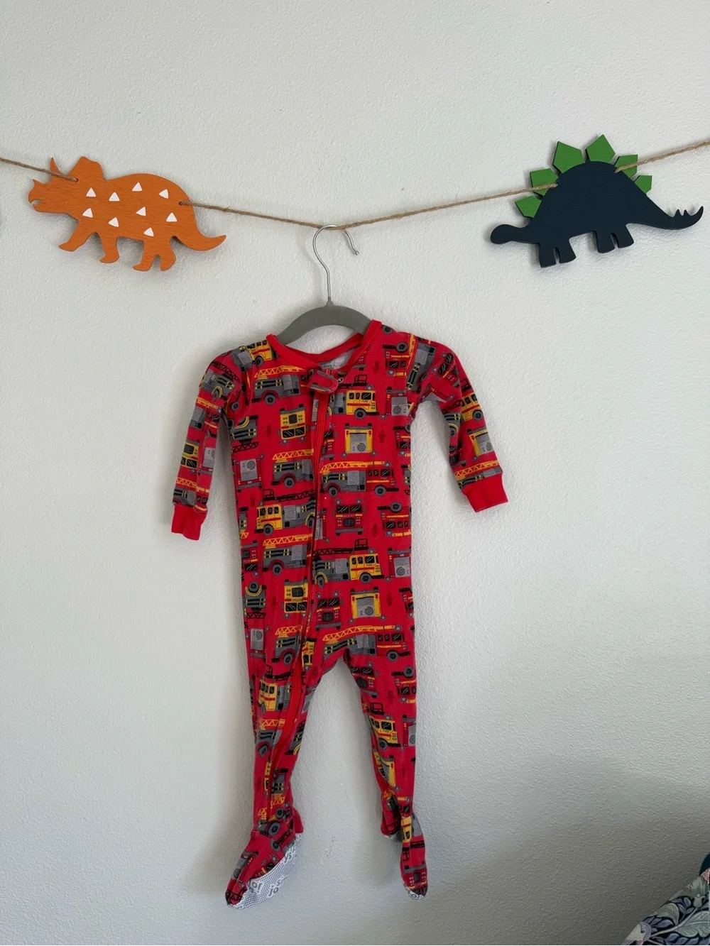 Vintage Kids One-Piece Footed Pajamas with Fire Truck Print